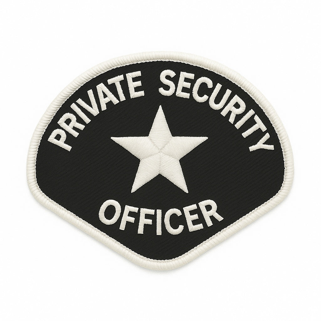 SHOULDER PATCH, "PRIVATE SECURITY OFFICER" W/ STAR WHITE ON BLACK - 4-3/4 X 3-3/4
