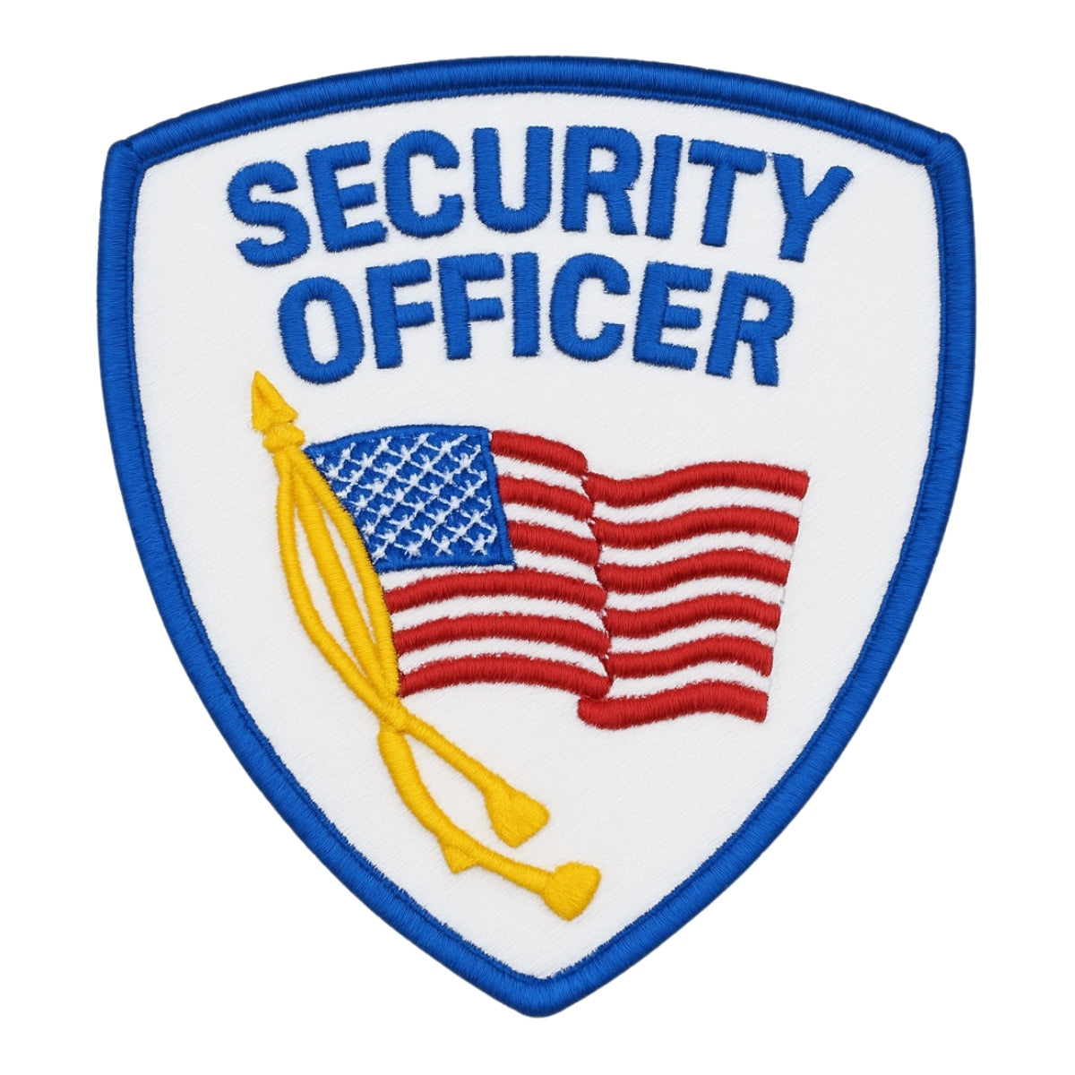 SHOULDER PATCH, BLUE ON WHITE "SECURITY OFFICER" W/ FLAG 3 3/4 X 4 3/4 INCH