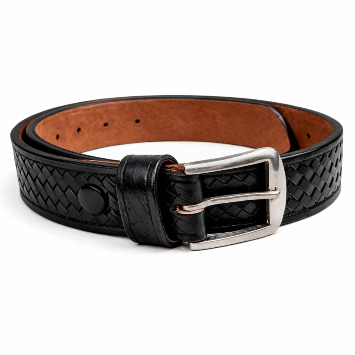 Basketweave Black 1 1/2" Leather Belt W/ Heavy Nickle Buckle