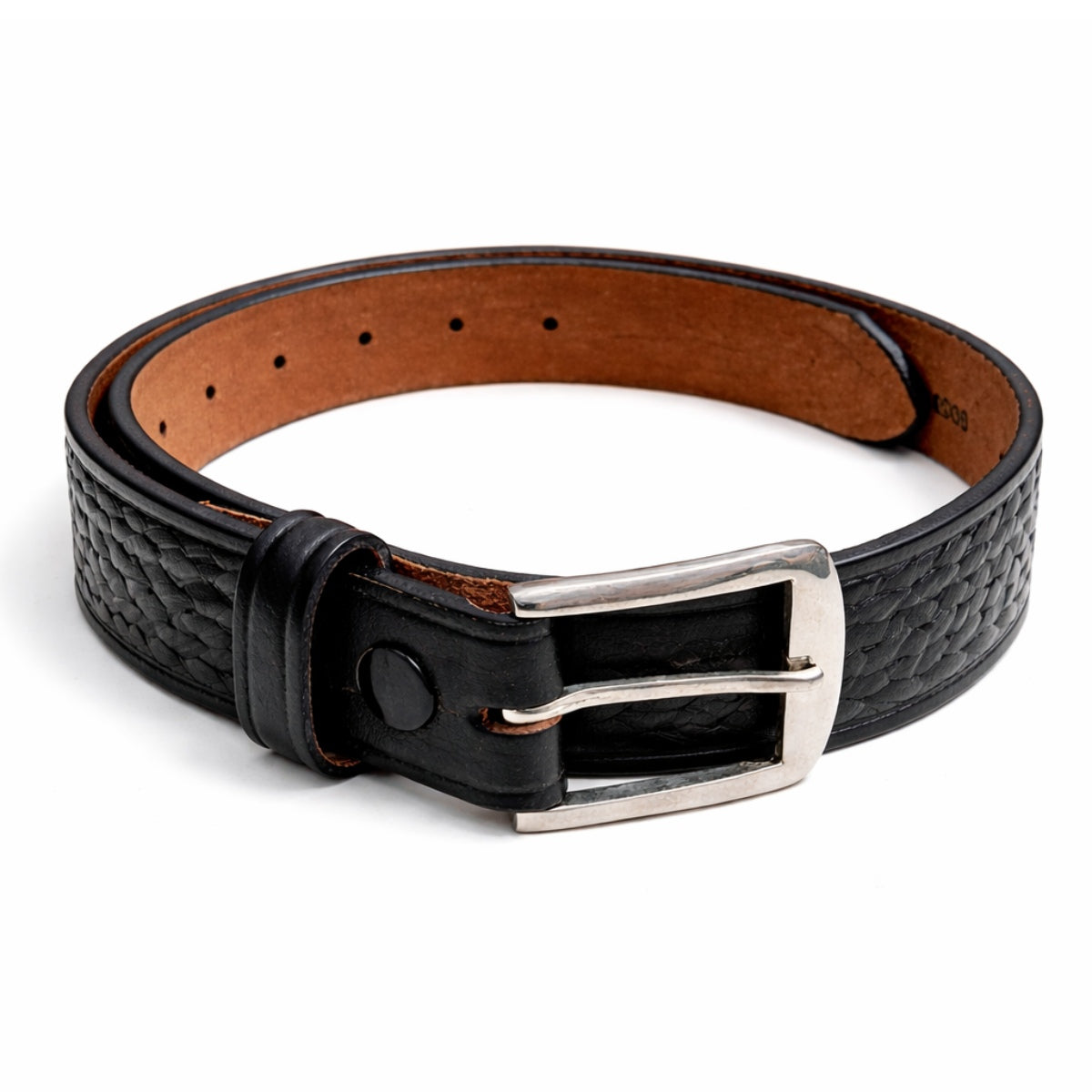 Basketweave Black 1 1/2" Leather Belt W/ Heavy Nickle Buckle