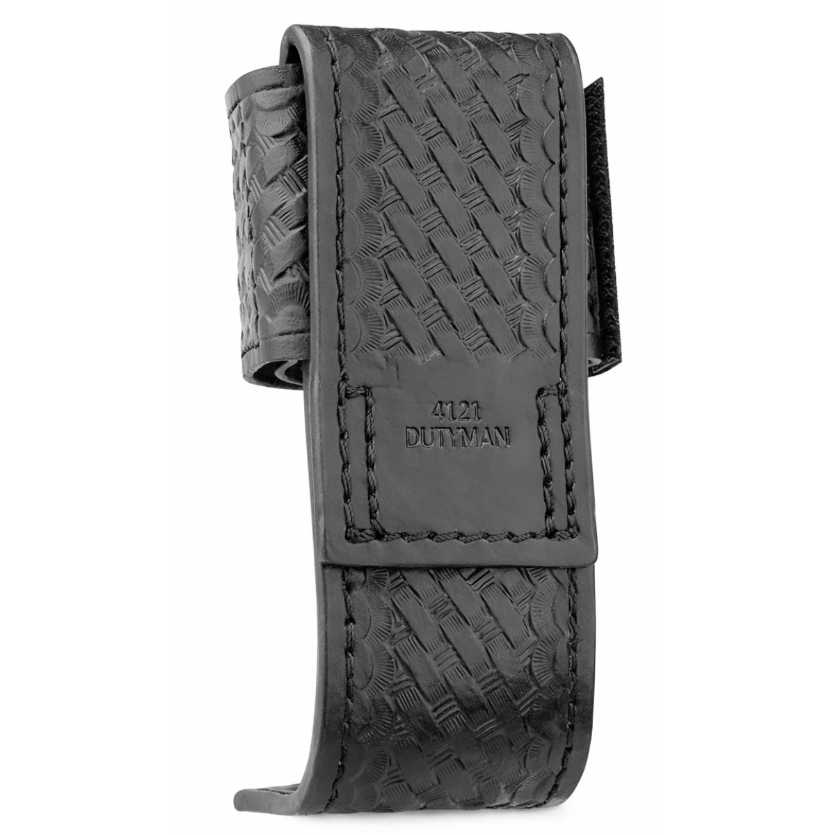 DUTY GEAR, BLACK LEATHER BASKETWEAVE STEEL BASE RADIO HOLDER
